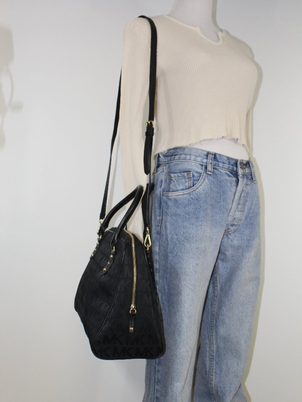 Michael Kors Black Logo Satchel Canvas Leather Crossbody Bag Gold Hardware